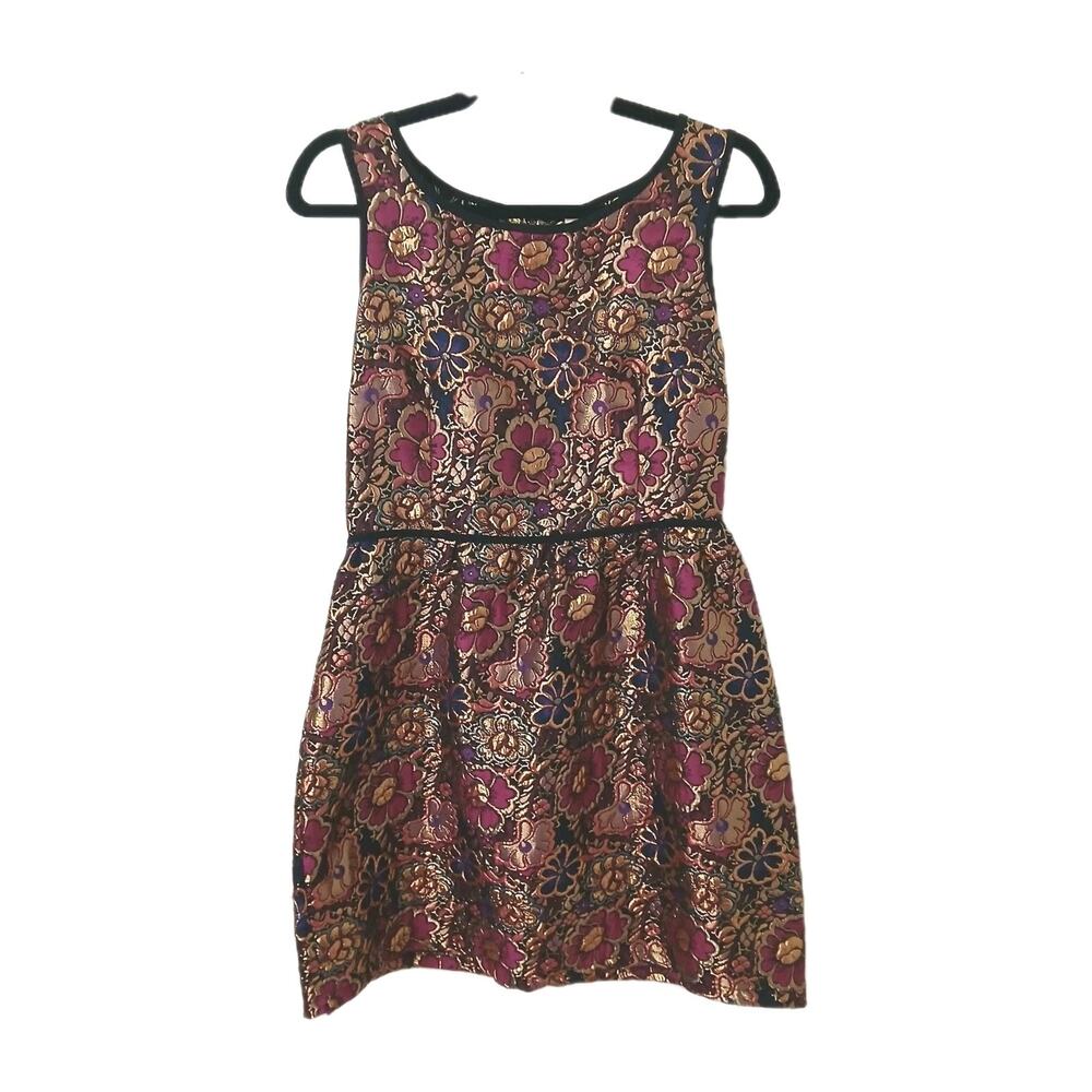 Xhilaration Women’s Brocade‎ Fit & Flare Dress Medium Metallic Floral Gold Pink